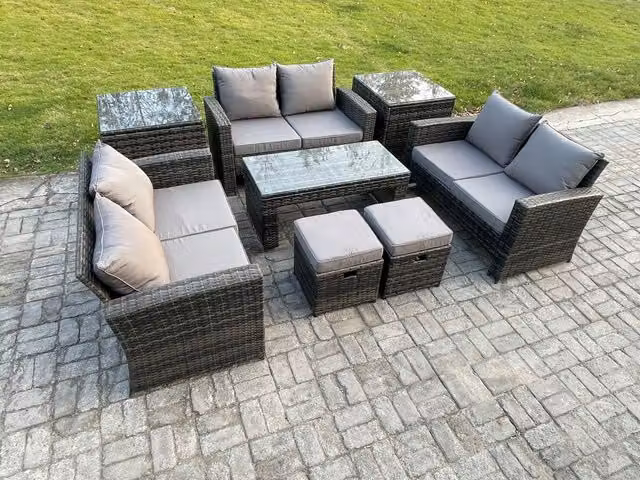 Fimous U Shape Outdoor Garden Furniture Set in Dark Grey with Wicker PE Rattan, Coffee Table, Double Seater Sofa and Two Ottomans