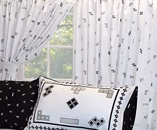 Tetris Monochrome White and Black Pencil Pleat Curtains with Tie Backs, W: 167.64 cm, H: 182.88 cm