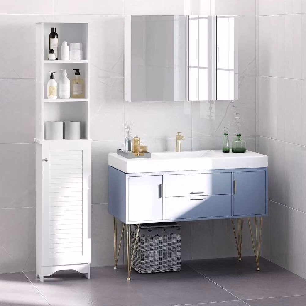 PAWNORA White Freestanding Slimline Bathroom Storage Cabinet with Hinged Doors and Internal Shelves – 2