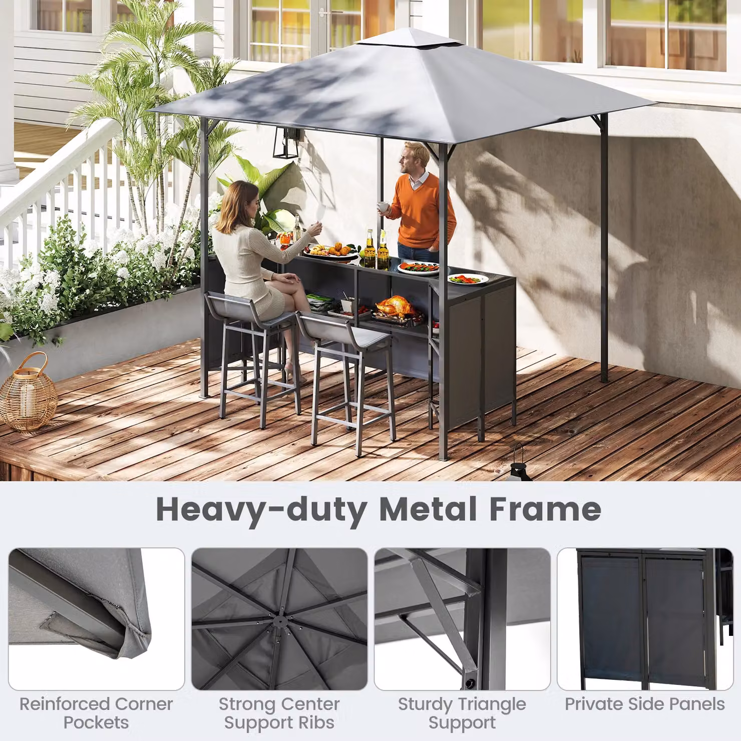Gymax 3 Piece Grey Patio Bar Set with Grill Gazebo, Table and Bar Stools, W/D/H: 245 x 245 x 243 cm – 8