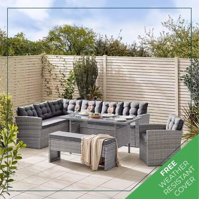 FurnitureboxUK Marbella 9 Seat Grey Rattan Garden Dining Set with Glass Table Top W: 145 cm, D: 80 cm