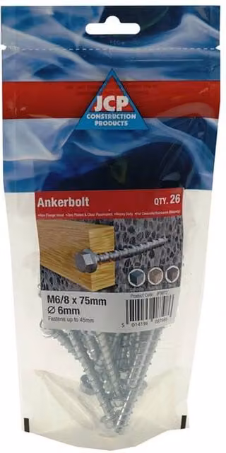 JCP Construction Products Hexagon Flange Head Ankerbolts in Silver Galvanised Steel, W/D/H: 6 x 6 x 75 mm