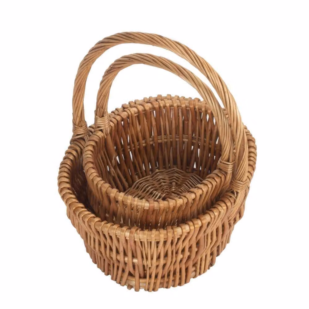 Set of 2 Red Hamper Wicker Shopping Baskets in Brown with Double Steamed Vertical Open Weave – 2
