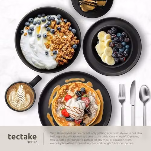 tectake 30-Piece Black Stoneware Dinnerware Set for 6 People, Microwave and Dishwasher Safe – 5