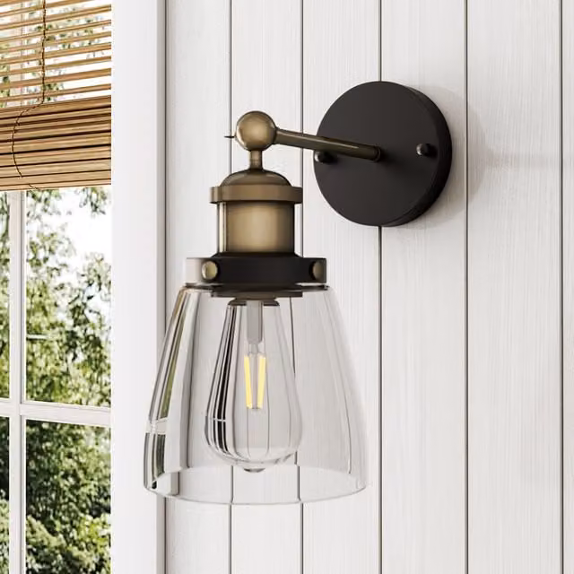 Livingandhome Industrial Wall Sconce with Transparent Glass Cone Shade in Brass