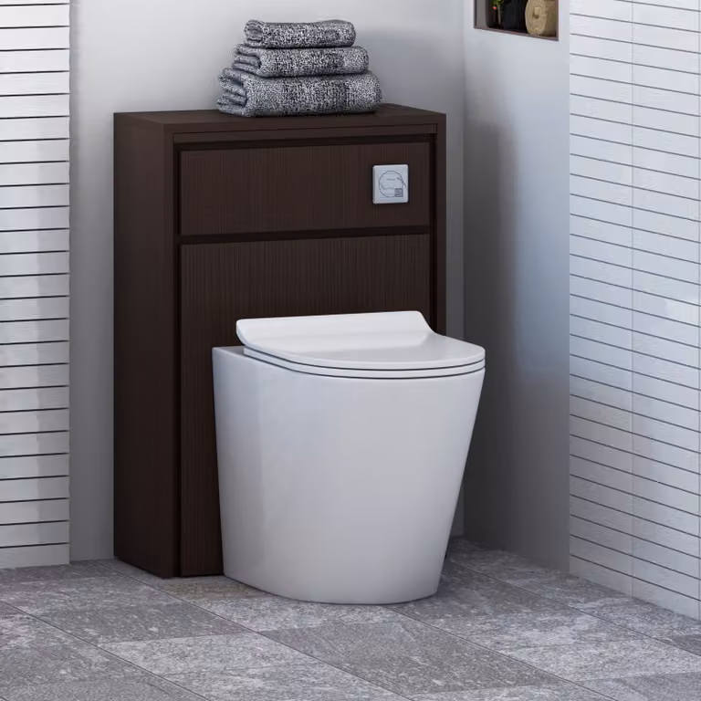 Livora BTW Wall Mounted WC Unit in Walnut Woodgrain with Cesar Rimless Ceramic Toilet Pan, Slim Soft Close Seat and Cistern, Width: 55.5 cm