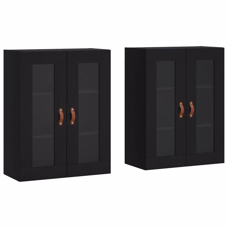 Berkfield Home Set of 2 Black Wall Mounted Cabinets with Glass Doors and Internal Shelves