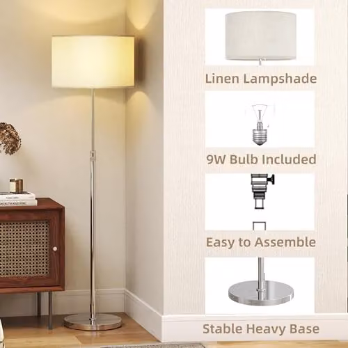 HOMCOM Silver Floor Lamp with Remote Control, Height Adjustable and Dimmable with Fabric Shade – 3
