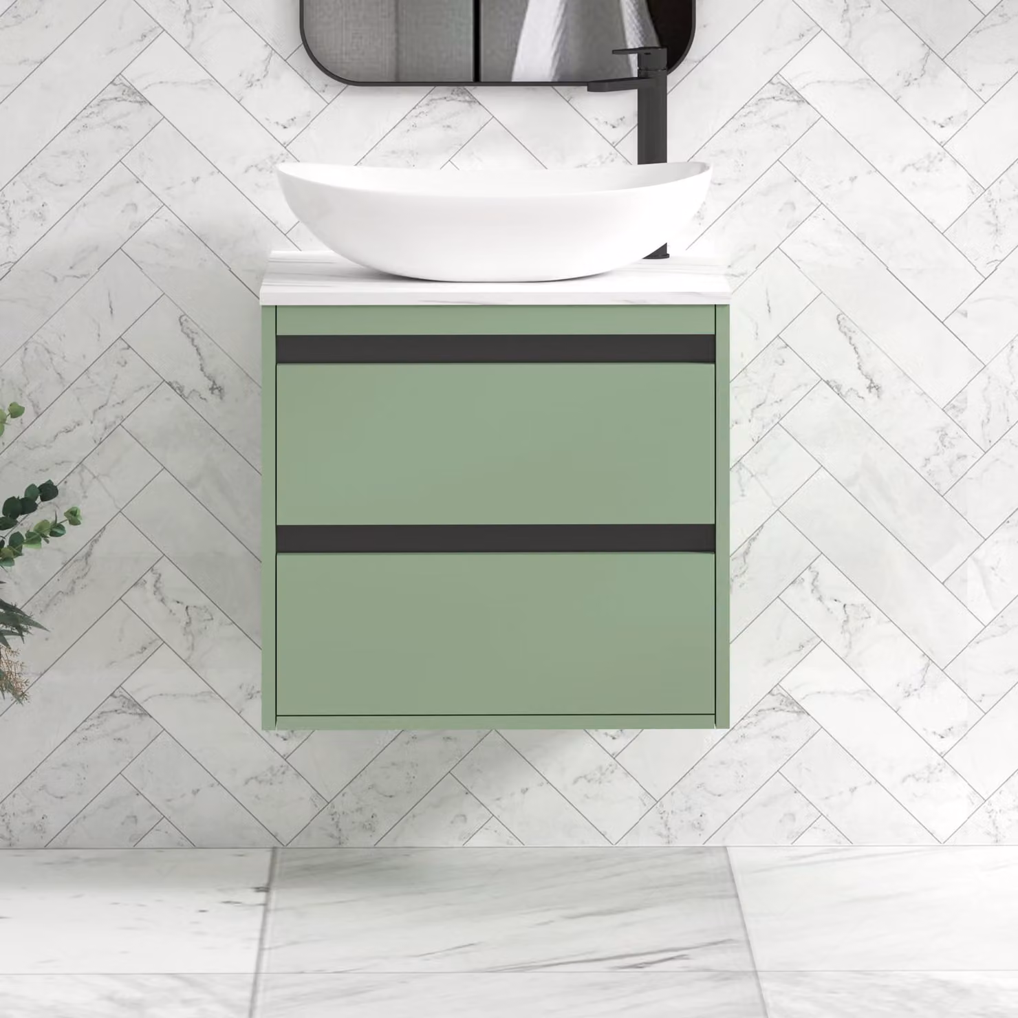 Royal Bathrooms Orion Wall Hung Mint Sage Vanity Unit with Cesar Basin and Black Accent Trim, Width: 80 cm
