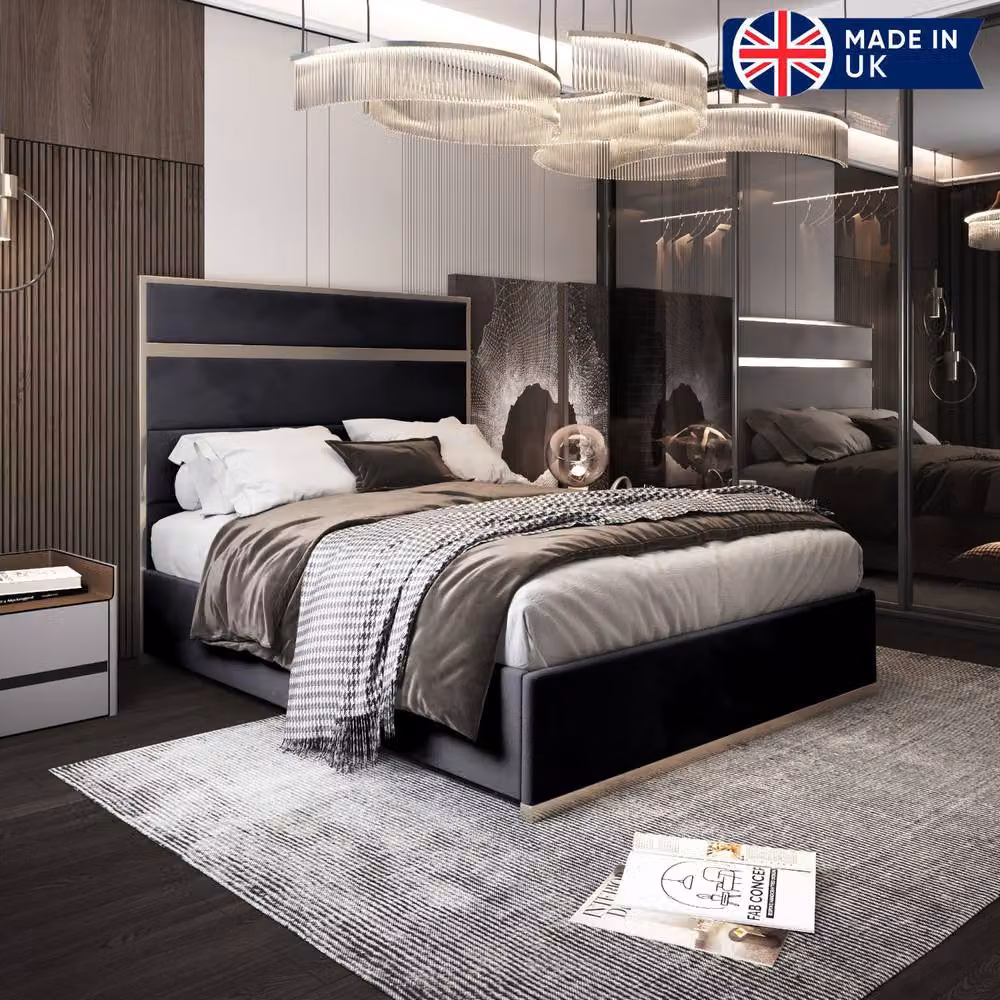 KDMD Horam Small Double Upholstered Velvet Designer Bed Frame with Black Metal Details, W/D/H: 120 x 200 cm – 3