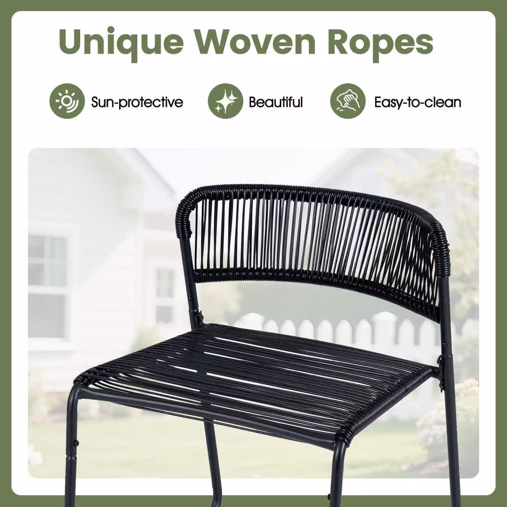 Gymax 3 Piece PE Rattan Bistro Set with 2-Tier Coffee Table and 2 Stackable Chairs in Black – 4