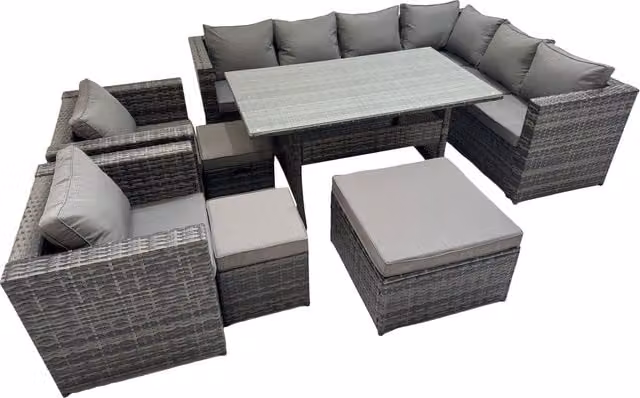 Fimous 11 Seater Rattan Patio Dining Corner Sofa Set with 2 Chairs and 3 Stools in Dark Grey