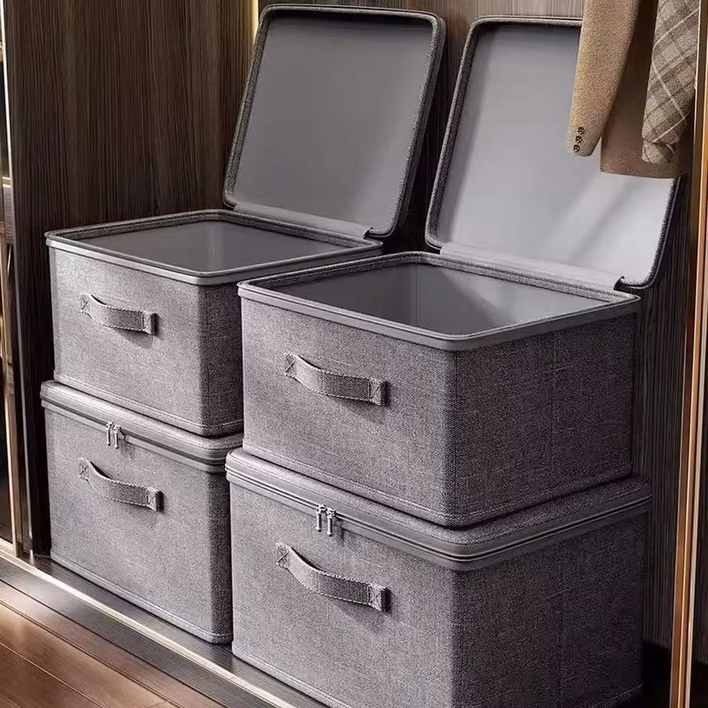 FLAVORA Set of 3 Large Foldable Canvas Storage Boxes with Lids and Handles, Grey, W: 50 cm, D: 50 cm, H: 50 cm – 2