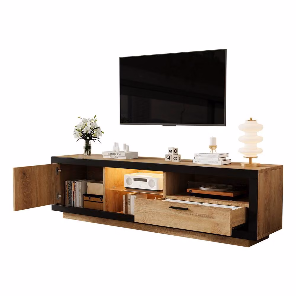 Rolipo Modern Wood and Black LED TV Stand Cabinet in Brown for 70 Inch TVs, Width: 160 cm – 8