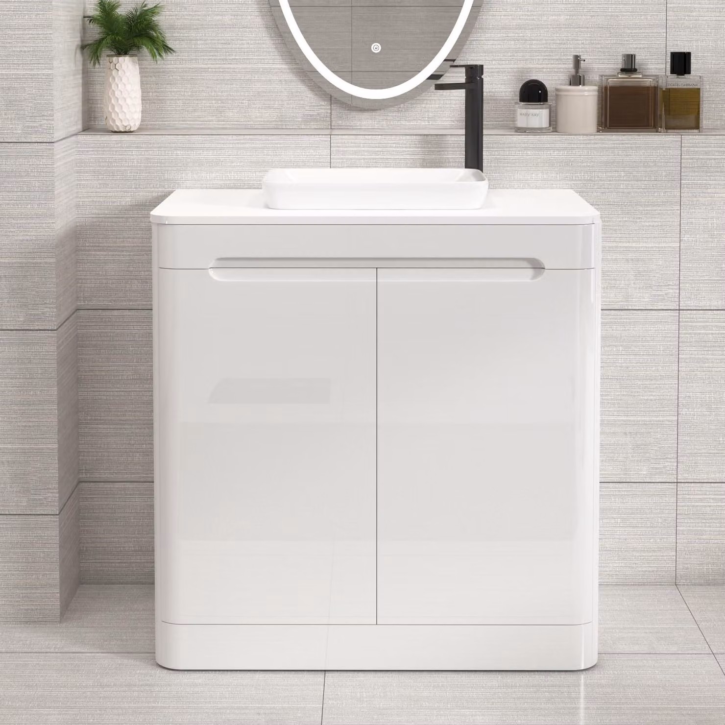Royal Bathrooms Venice 800mm Gloss White Floor Standing 2 Door Vanity Unit with Qubix Basin and Plain White Worktop