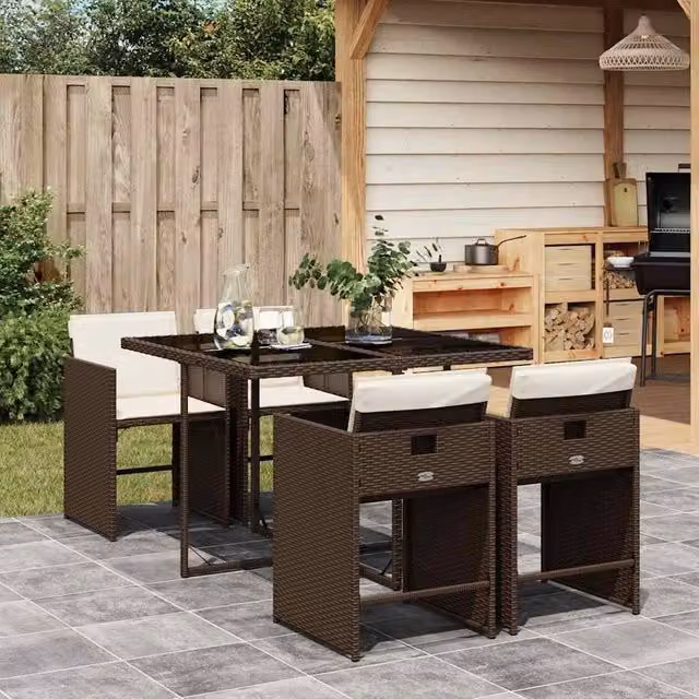 Berkfield Home Garden Four-Seater Poly Rattan Dining Set with Glass Tabletop in Brown – 1