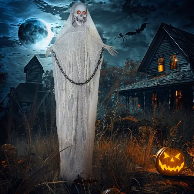 Outsunny Life Size Animated Halloween Grim Reaper Skeleton Decoration, Grey and White, Height: 183 cm – 1