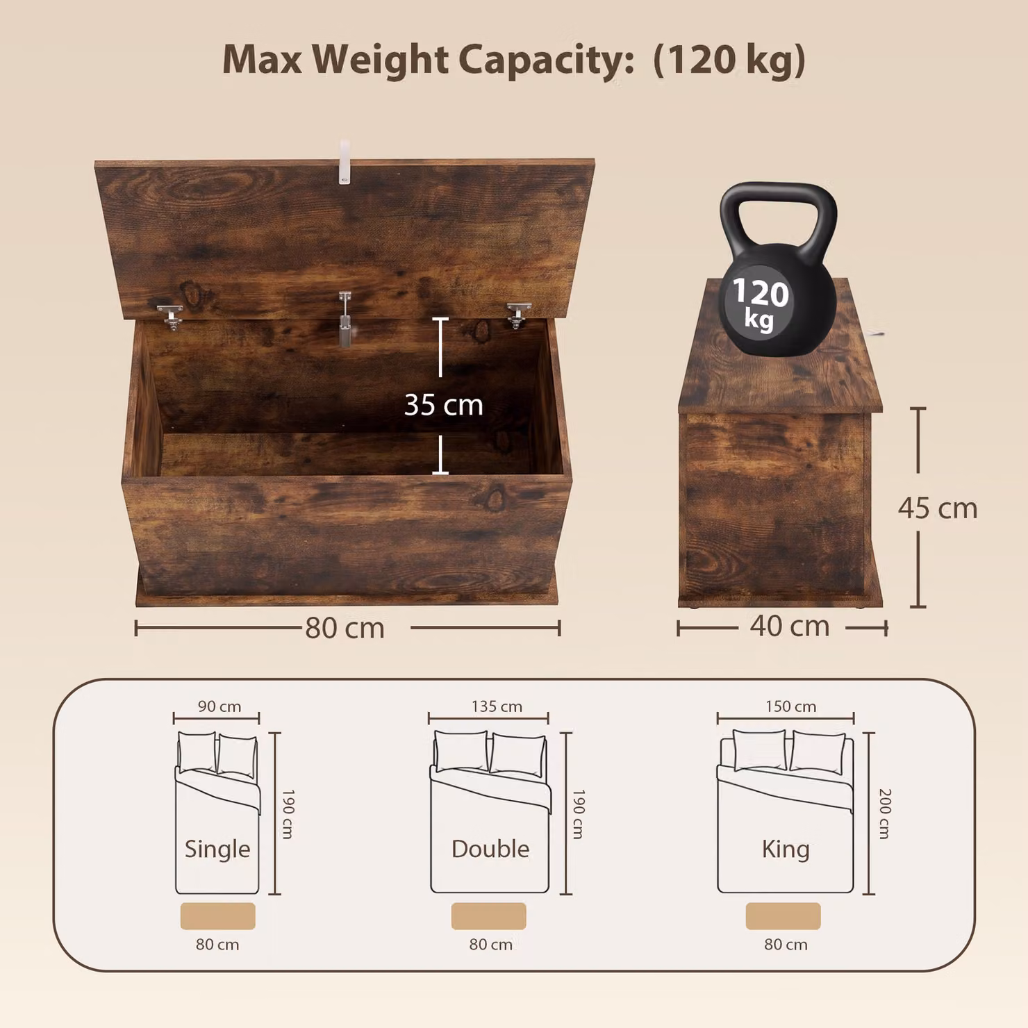 HOMCOM Storage Chest and Shoe Bench with Safety Hinged Lid, 102L Capacity, Rustic Brown, W: 80 cm, D: 40 cm, H: 45 cm – 3