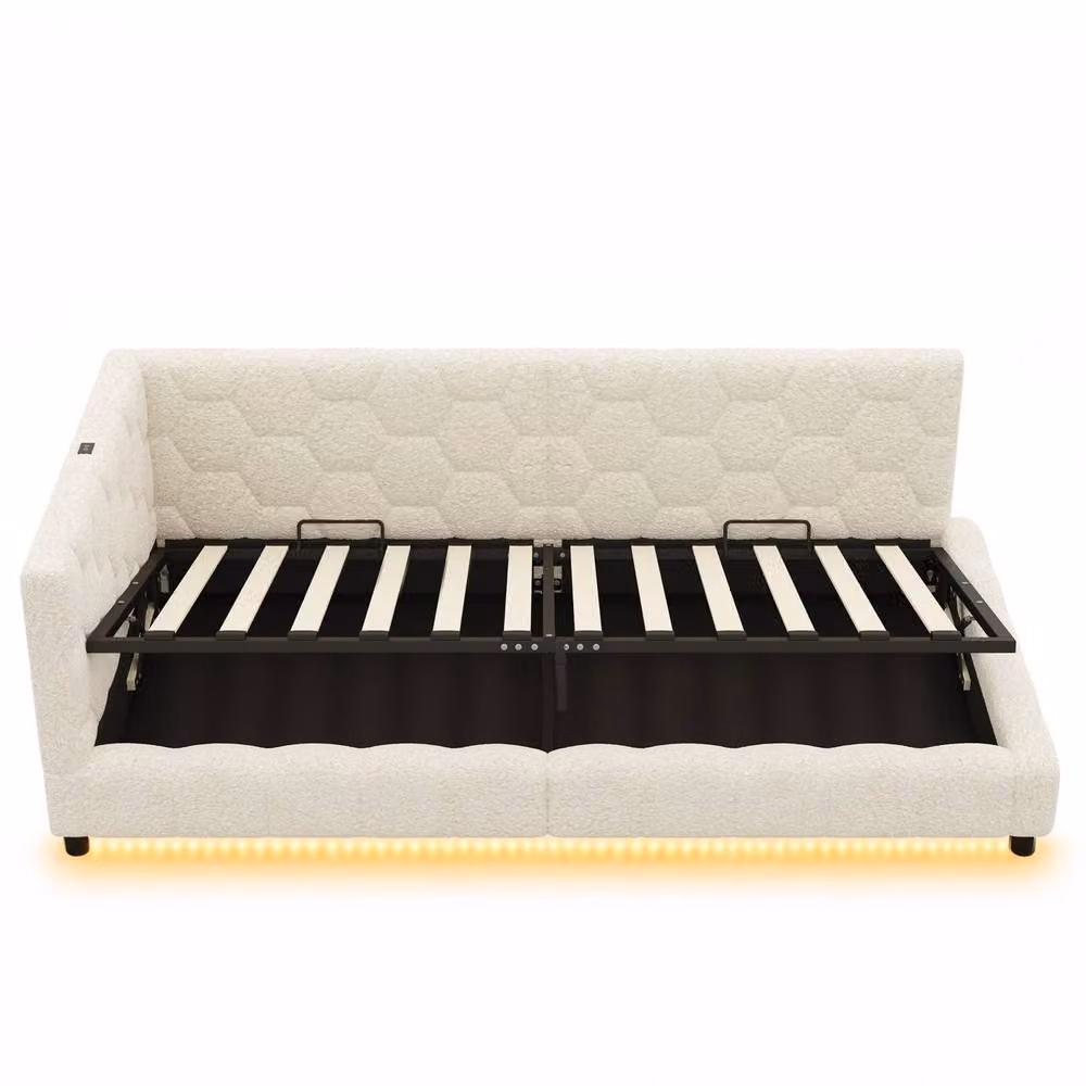 Matteo 3ft Single Hydraulic Storage Bed with Hexagon Tufted Headboard in Beige Bouclé Fabric, W/D/H: 90 x 190 cm – 4