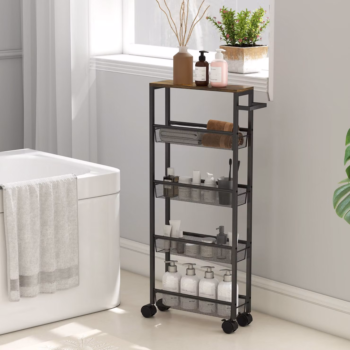 HOMCOM 5-Tier Slim Storage Trolley with Wood-effect Top and Wheels, Black – 5