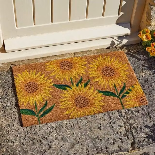 Garden Mile Heavy Duty Rectangular Coir Door Mat with Brown and Green Sunflower Floral Design