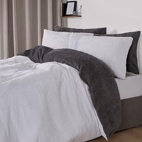 Brentfords Reversible Teddy Fleece Duvet Cover and Pillowcase Set, Anthracite, White and Grey, W: 140 cm, L: 200 cm – 6