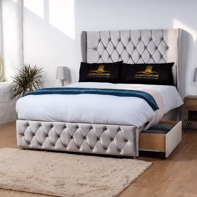 Luxor Living Luxor Wingback Divan Bed with 54 Inch Headboard and 2 Foot End Drawers in Silver Grey Velvet, W/D/H: 120 x 200 cm
