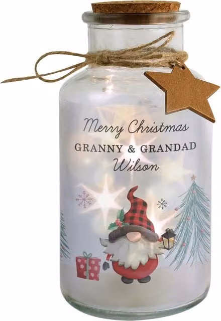 Personalised Memento Company Personalised Gonk Christmas Scene Glass Jar in Clear, H 16.5 cm x W 8.5 cm x D 8.5 cm