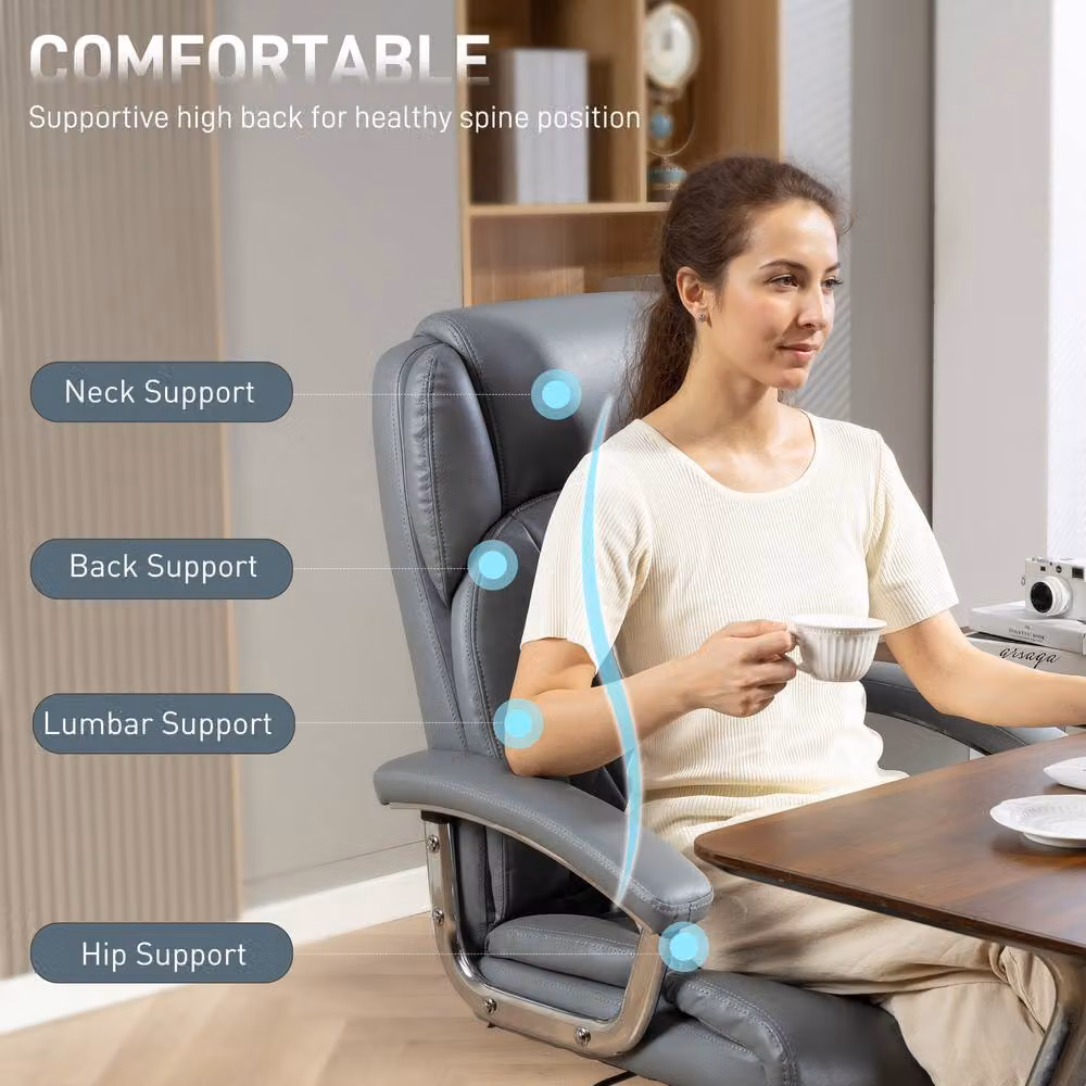HOMCOM Grey High Back Office Task Chair with Headrest and Armrests, 180kg Capacity – 4