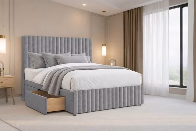 Nexus Mattresses Ltd Verona Plush Single Divan Bed Base with 2 Drawers on Left Side, Silver Velvet Fabric, W/D/H: 90 x 200 cm