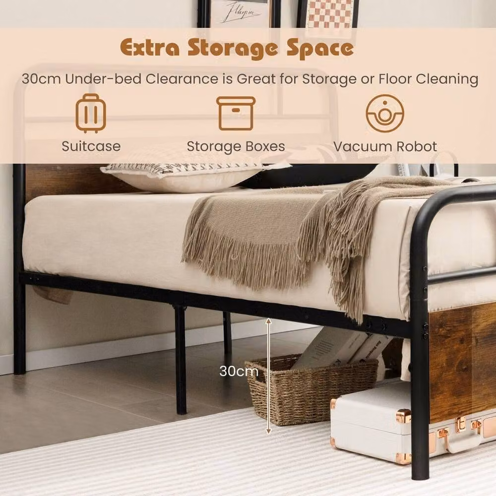 VOGREX King Metal Platform Bed with Industrial Headboard in Brown, W/D/H: 180 x 200 cm – 2