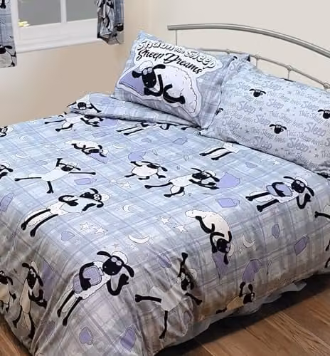 Shaun the Sheep Duvet Cover and Pillowcase Set, Purple, Grey and Stars, Single Size, W/D/H: 140 x 200 cm and 50 x 75 cm – 1