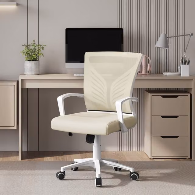 Yaheetech Adjustable Modern Task Chair with Lumbar Support and Armrests in Beige and White