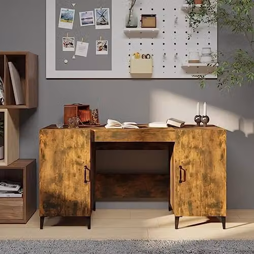 vidaXL Writing Desk in Smoked Oak and Brown, W/D/H: 140 x 50 x 75 cm – 2