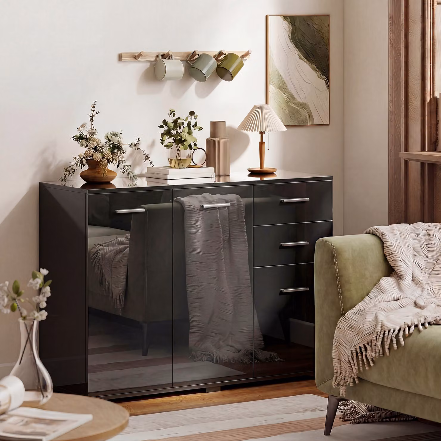 HOMCOM Modern High Gloss Black Sideboard with 2 Drawers, 3 Doors and Adjustable Shelves – 2