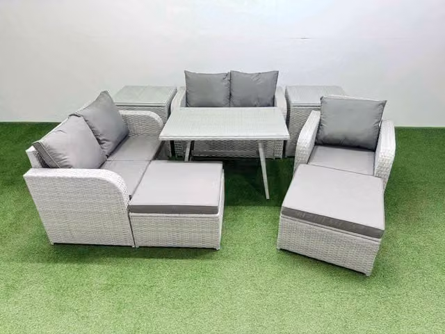 Fimous 7 Seater Rattan Garden Furniture Set with Rectangular Dining Table in Light Grey