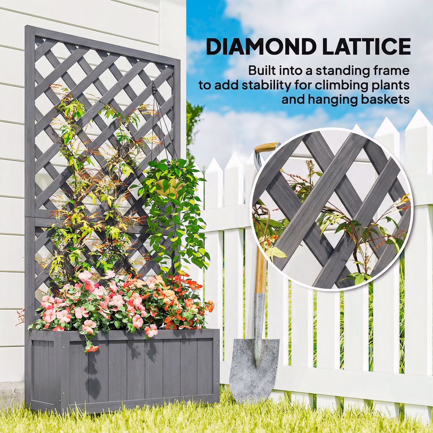 Outsunny Grey Wooden Raised Bed Planter with Trellis for Climbing Plants, Herbs and Flowers, W/D/H: 149.5 x 72.5 x 31.5 cm – 4