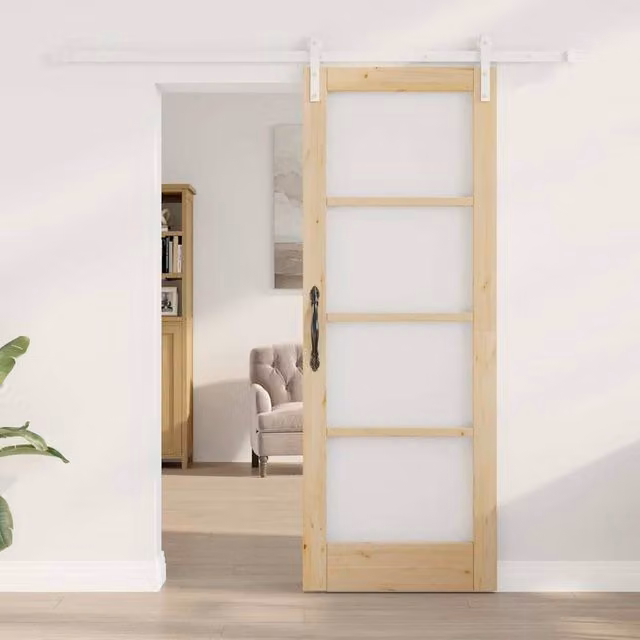 Berkfield Home Orkdal Sliding Door with Hardware Set in Beige, Solid Wood and Glass, H: 198.5 cm, W: 73.5 cm, D: 2.0 cm