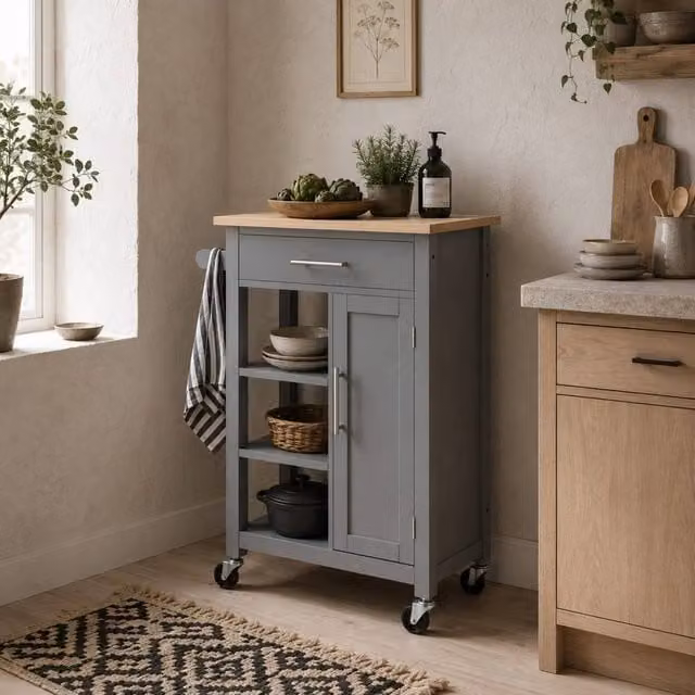 Wyld Haus Grey Compact Kitchen Trolley with Wooden Top Drawer and Open Shelves W/D/H: 60 x 42 x 89 cm – 1