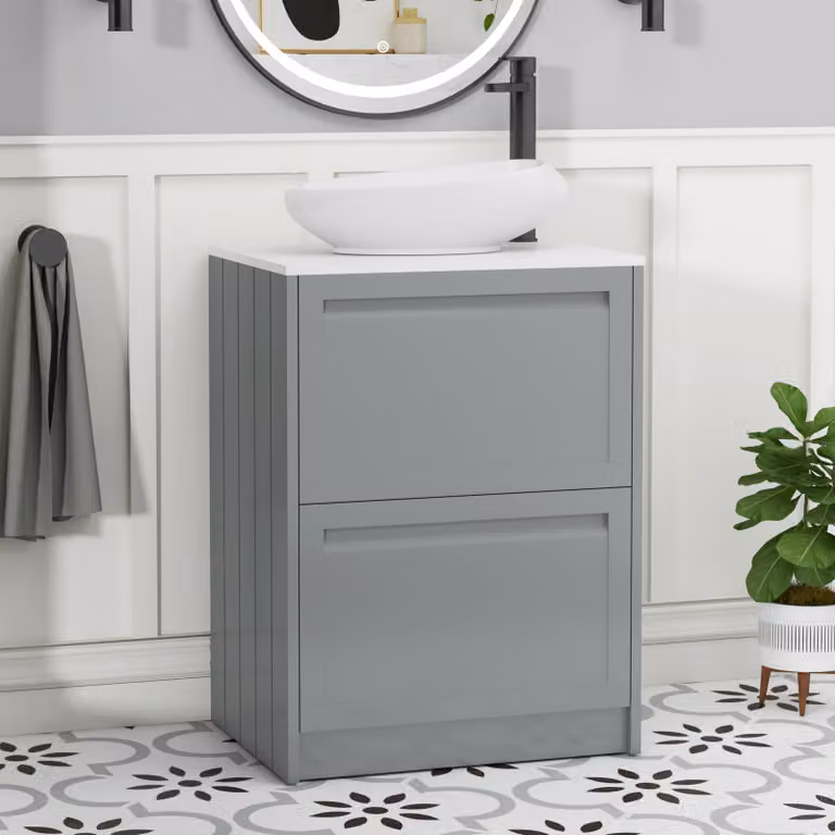 Royal Bathrooms Elmore 600mm Floor Standing 2 Drawer Vanity Unit in Matt Pebble Grey with Plain White Worktop and Nova Basin
