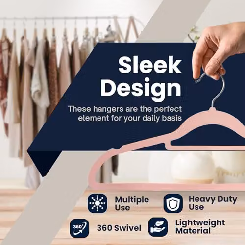 Sasha Morel 50 Pack Non-Slip Velvet Coat Hangers with Tie Organiser and Swivel Hooks, Pink – 3