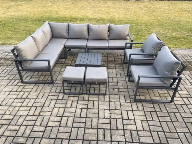 Fimous 10 Seater Aluminium Garden Furniture Set in Dark Grey with L-Shape Corner Sofa, 2 Chairs, Square Coffee Table and 2 Small Footstools