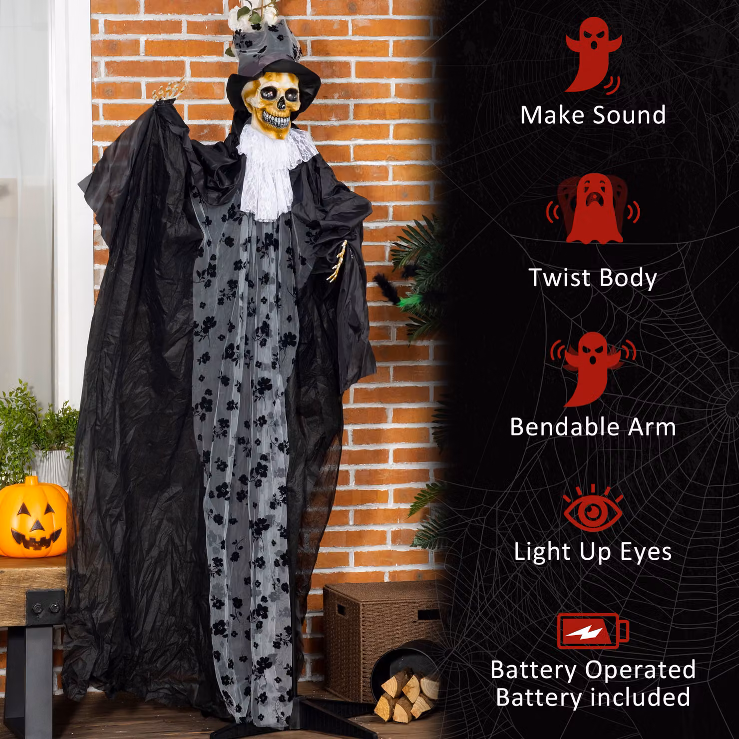 Outsunny Life Size Outdoor Halloween Ghost Bridegroom Animated Decoration with Sound, Motion Activation and Light Up Eyes, Height: 189 cm, Black – 5