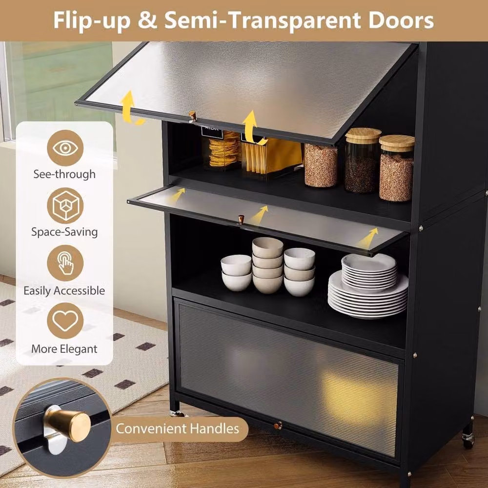 VOGREX 5-Tier Black Metal Kitchen Storage Cabinet with Hinged Glass Doors and Wheels – 6
