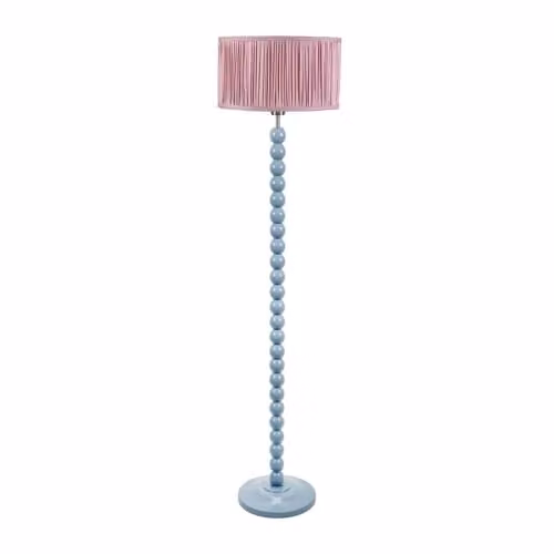 ValueLights Bobbin Stem Floor Lamp in Blue with Blush Pink Ruched Pleated Fabric Shade, H 145 cm x W 25 cm x D 25 cm