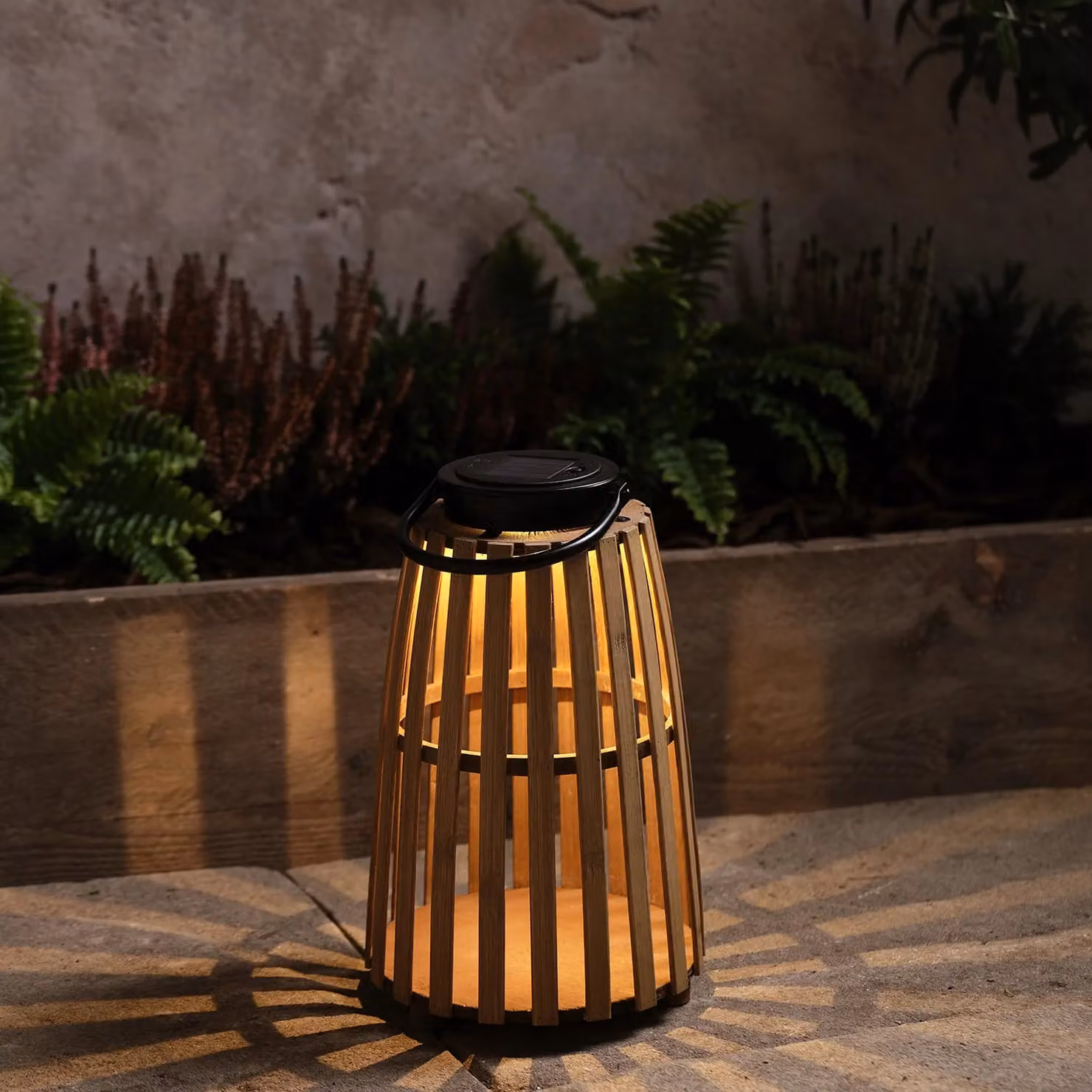 Sol Wooden Solar Lantern in Black and Brown with Warm White Light