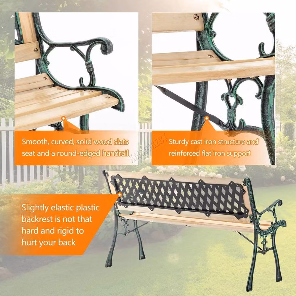 NESTLUNE 3 Seater Outdoor Wooden Garden Bench with Cross Lattice Cast Iron in Green, W: 122 cm, D: 15 cm, H: 100 cm – 5