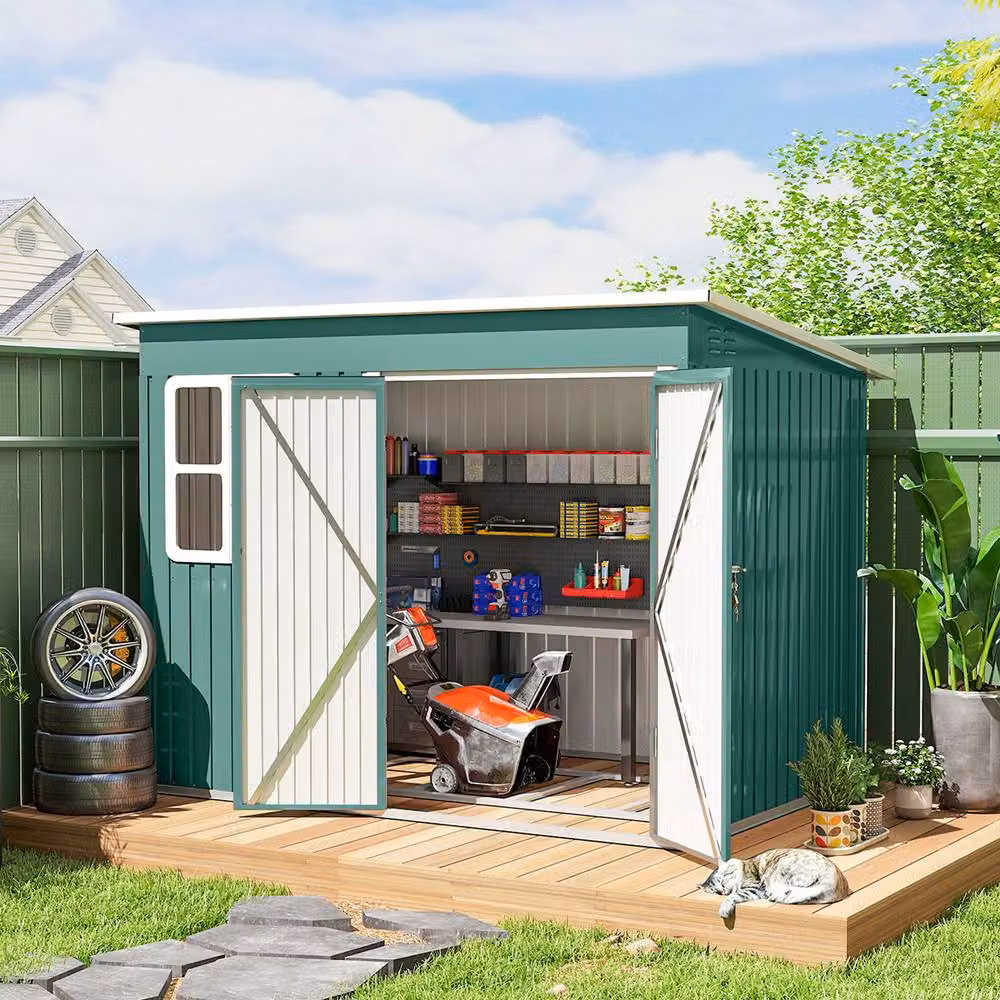 Rolipo Green Galvanised Steel Pent Shed with Foundation Kit and Window – 3