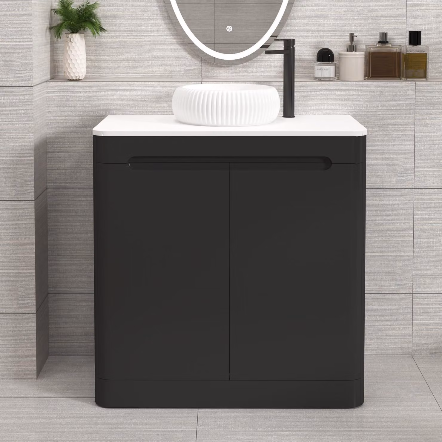 Royal Bathrooms Venice 800mm Matt Nocturne Black Floor Standing 2 Door Vanity Unit with Plain White Worktop and Milan Basin