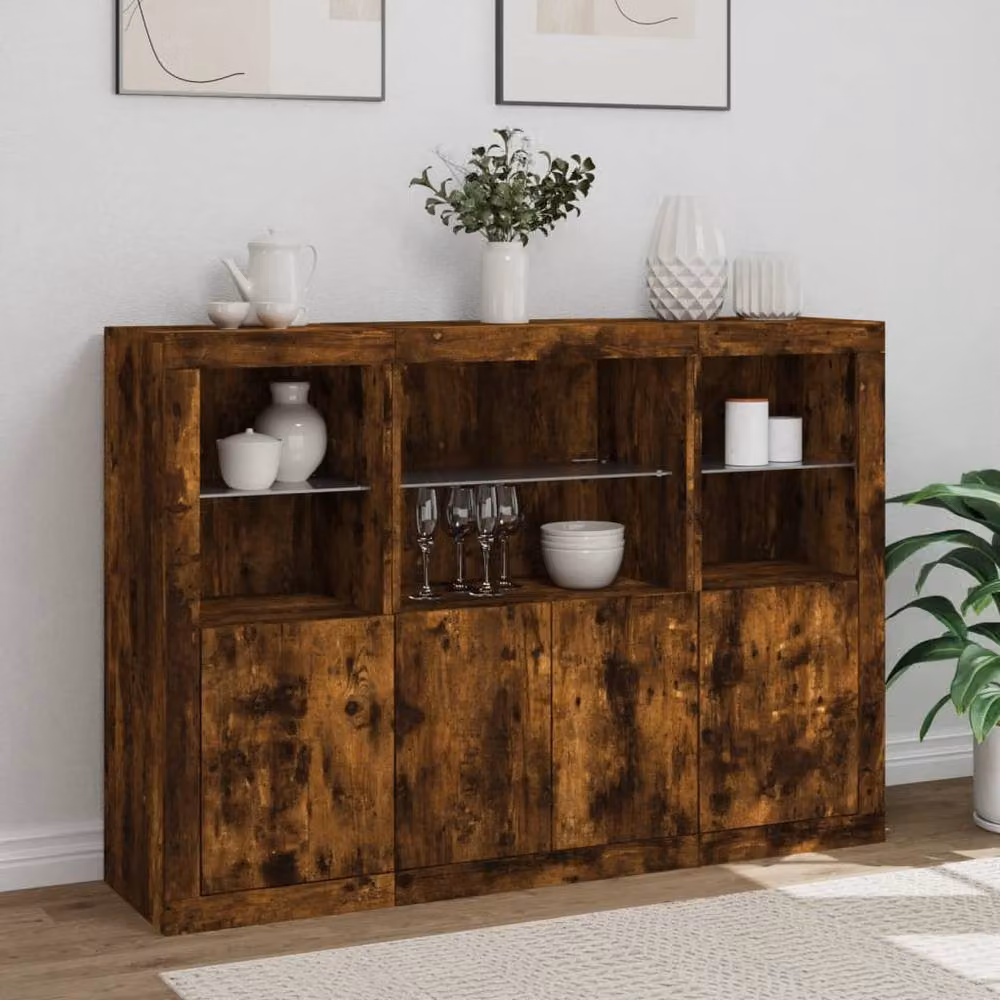 Berkfield Home Set of 3 Modern Smoked Oak Sideboards with Integrated LED Lighting in Brown – 3